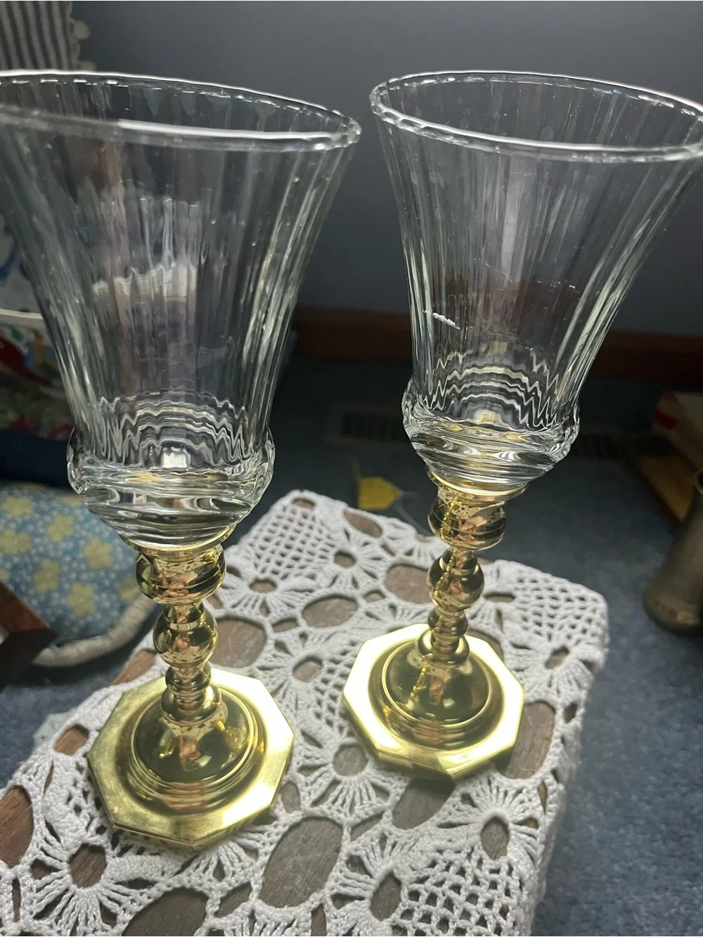Pair of Elegant Baldwin candlesticks w: Glass fluted peg votives
